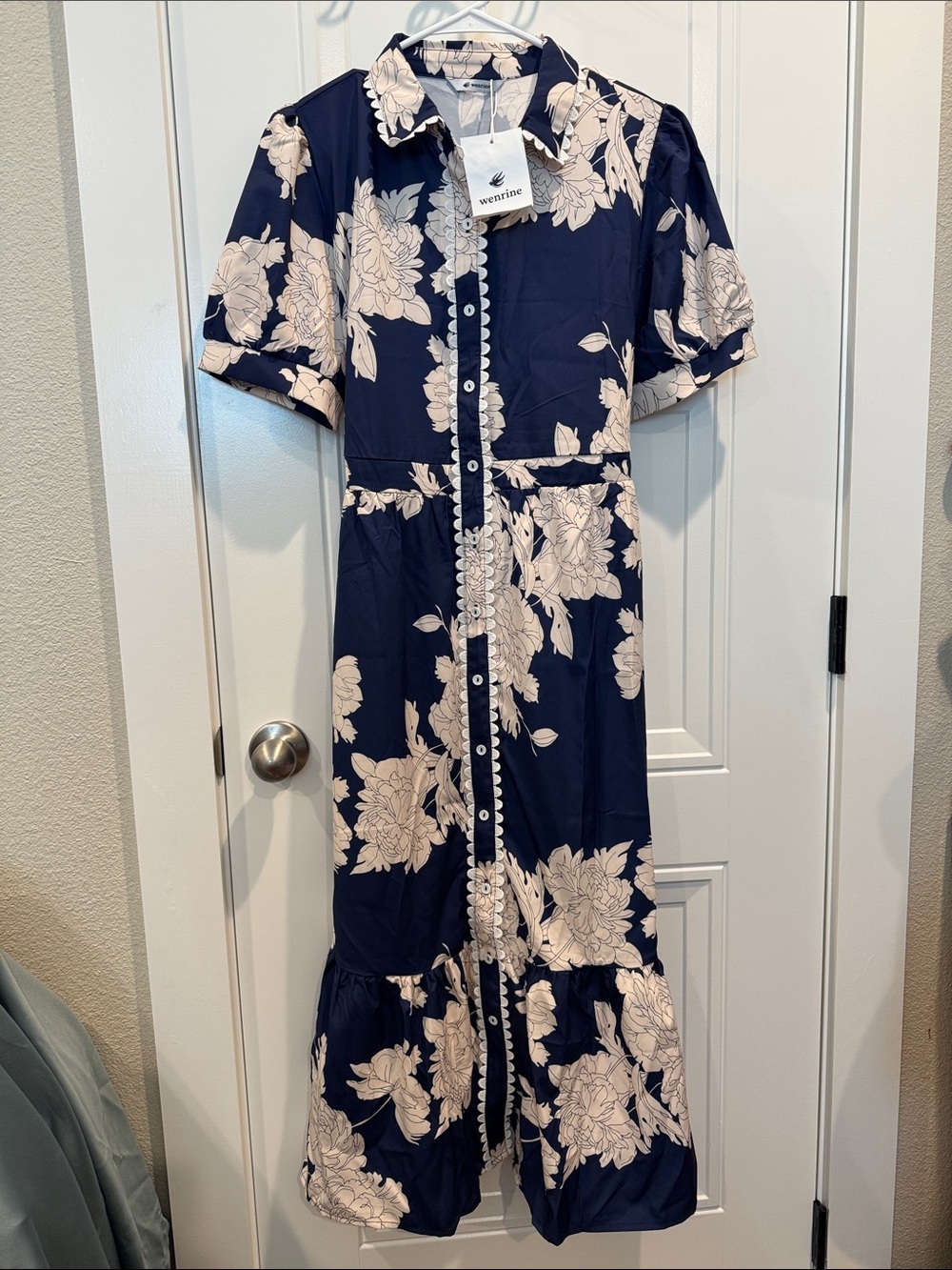 Wenrine Navy and Cream Floral Maxi Dress with Button Front